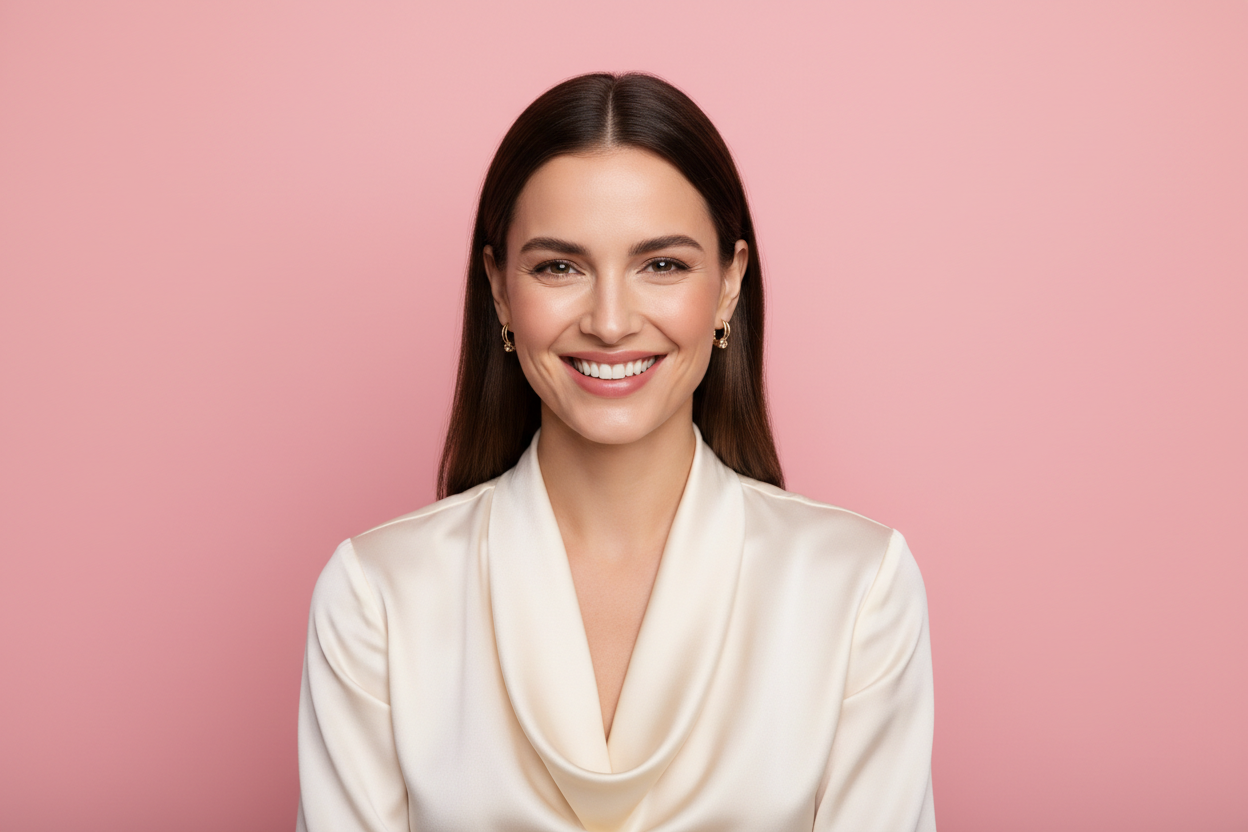 תיצור לי תמונה של דוגמנית עם חיוך ורקע ורוד